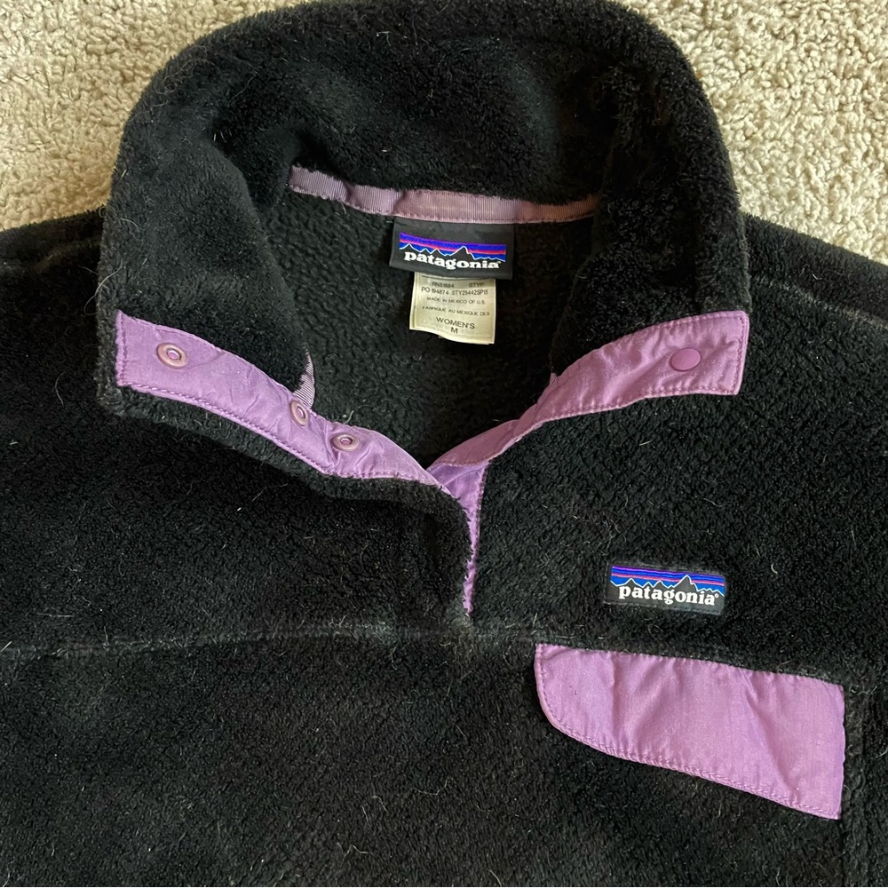 Womens PATAGONIA Plush POLARTEC Thermal Pro FLEECE Snap - T BLACK Pullover SHIRT - Picture 2 of 5